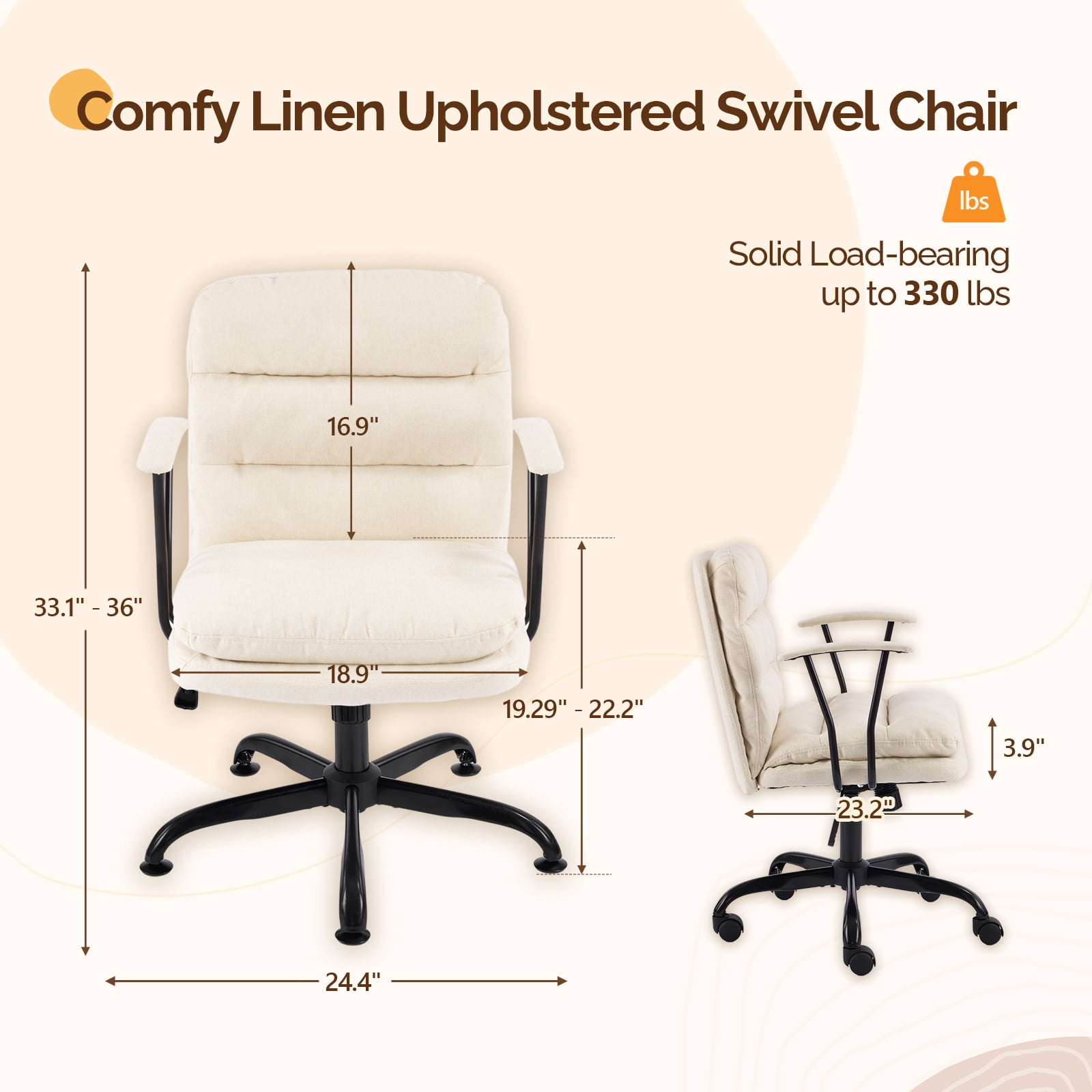 Ktaxon Office Chair with Armrests, Linen Fabric Desk Chair with Wheels, Swivel Task Chair for Study Room or Dressing Vanity Area Light Yellow