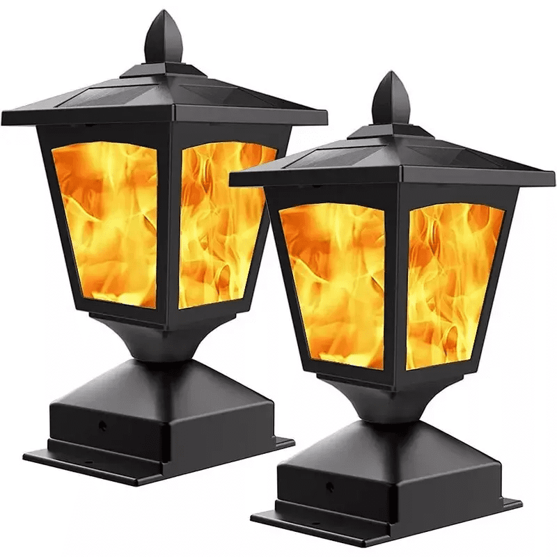 Solar Post Cap Lights Flickering Flame Outdoor Waterproof Black 2-Pack 4x4