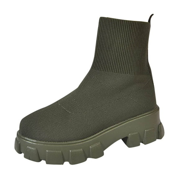 Army Green Women'S Winter Mesh Elastic Socks Boots Round Toe Chunky Heel Low Heel For Casual Use During Chilly Days Easy To Wear And Stylish For Outings