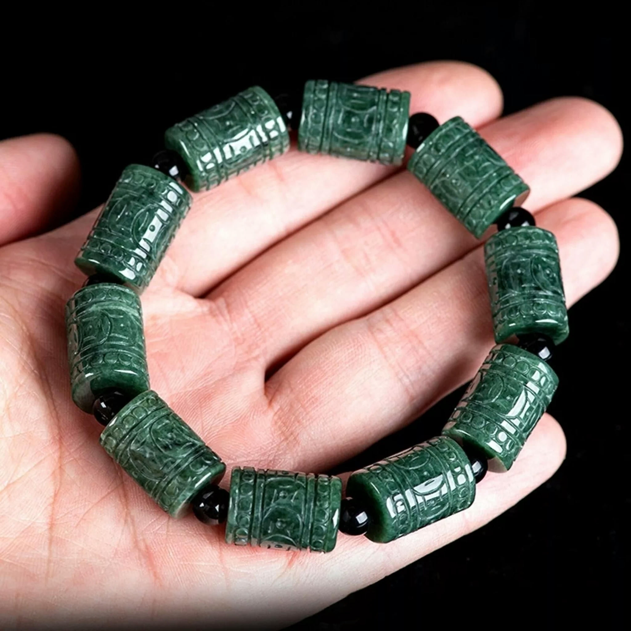 HOOUN Natural Grade A Jade Jadeite Men Women Carved Coin Column Round Beads Bracelet