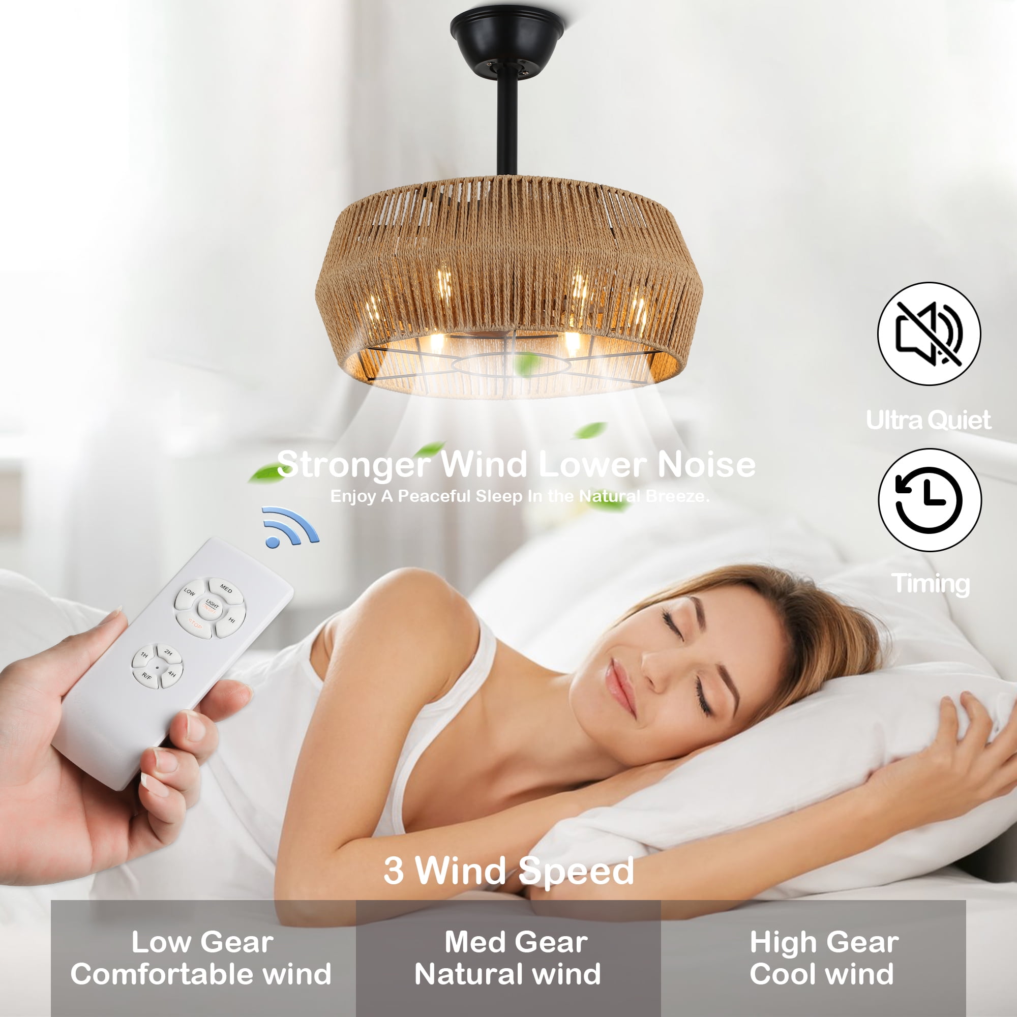 Chords Attic 18" 6-Light  Boho Ceiling Fan with Lights and Remote Control, Farmhouse Ceiling Fan with Natural Jute Rope Woven Drum Shade for Bedroom, Living Room, Patio