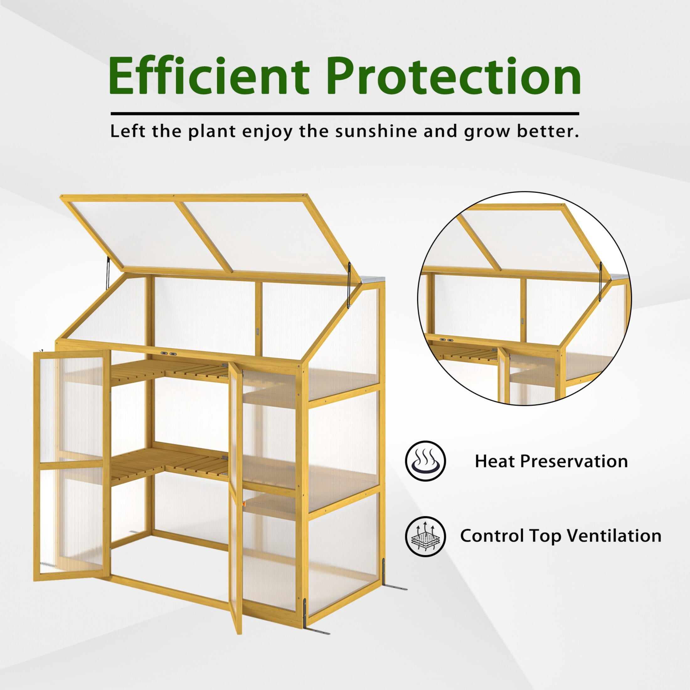 DEALTOPS Cold Frame Greenhouse for Plants, Wooden Greenhouse Cabinet Garden Shed with Polycarbonate Sheet and Foldable Top, Natural