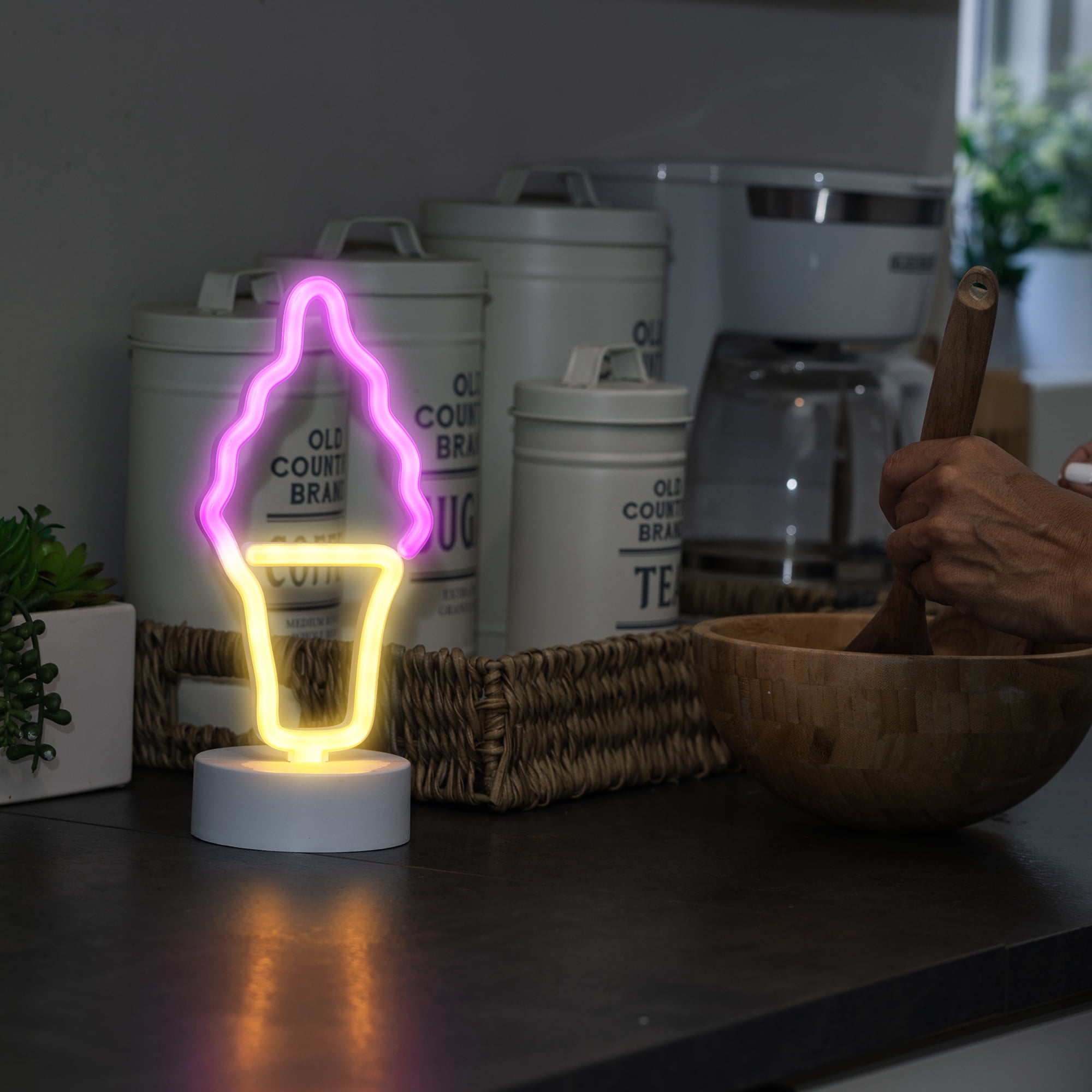 Xtreme Lit 10" Pink and Yellow Ice Cream Table Neon Lamp, 4 Hour Timer, Battery Powered 3 AA Batteries