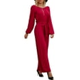 thumbnail image 2 of Doublju Womens Casual Long Sleeve Waist Band Wide Leg Jumpsuit With Plus Size, 2 of 4