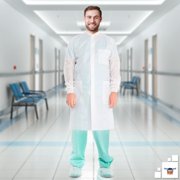 White Disposable Lab Coats, 40 GSM SMS with 3 Pockets, 100 Count, Medium