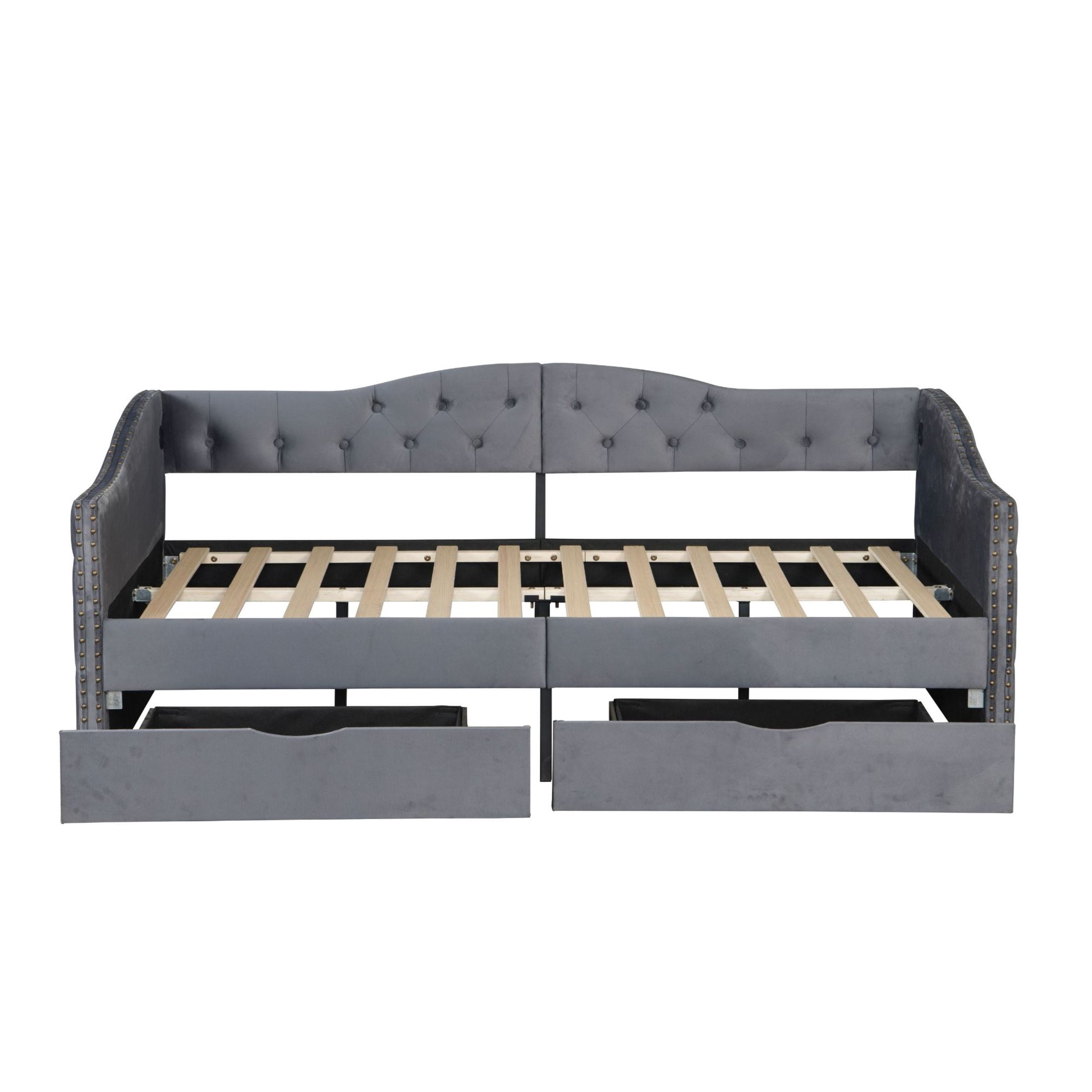 Noble House Desmond Full Boucle Daybed with Storage Drawers, Upholstered Tufted Cloud Bed Frame with USB Charging, Gray