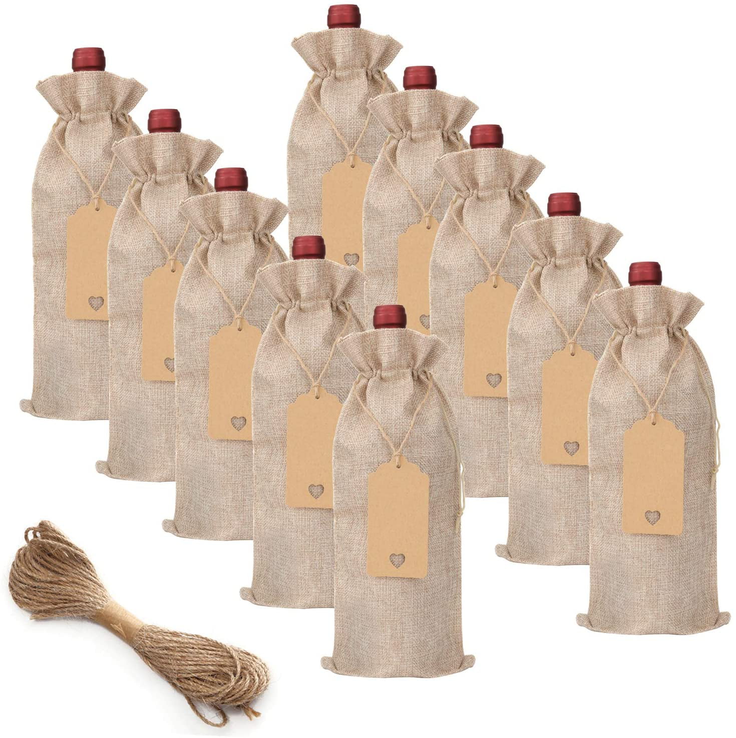 Brown-12Pcs Perfect for Travel Linen Wine Gift Bags Housewarming and Dinner Par 10Pcs Burlap Wine Bags with Wine Aerator Pourer Heart Shape Wine Stopper Wine Bottle Protector Wedding Birthday 