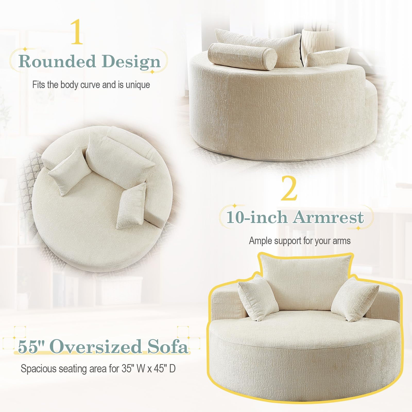 Aukfa 55" Oversized Chenille Chaise Lounge Chair Indoor, Round Boneless Sleeper Chair with Deep Seat & Pillows, Beige