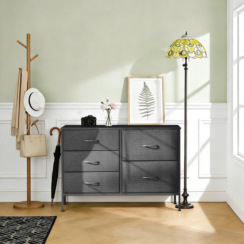 Simenmax 5-Drawer Fabric TV Stand, 39.4-Inch Entertainment Center with Wood Top & Sturdy Metal Frame, Storage Dresser for Bedroom, Living Room, Hallway, Gray