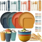 OhhGo 48Pcs Wheat Straw Dinnerware Sets  Reusable Unbreakable Dinnerware Set with Large Wheat Straw Plates, Cups, Mugs, Forks, Spoons, Knives & More