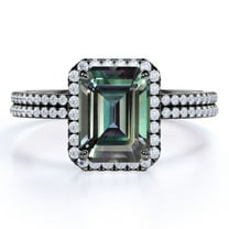 JeenMata Halo 1.5 Carat Emerald Cut Lab Created Alexandrite and Moissanite Pave Matching Wedding Ring Set in 18k Black Gold over Silver