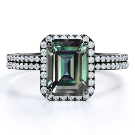 JeenMata Halo 1.5 Carat Emerald Cut Lab Created Alexandrite and Moissanite Pave Matching Wedding Ring Set in 18k Black Gold over Silver