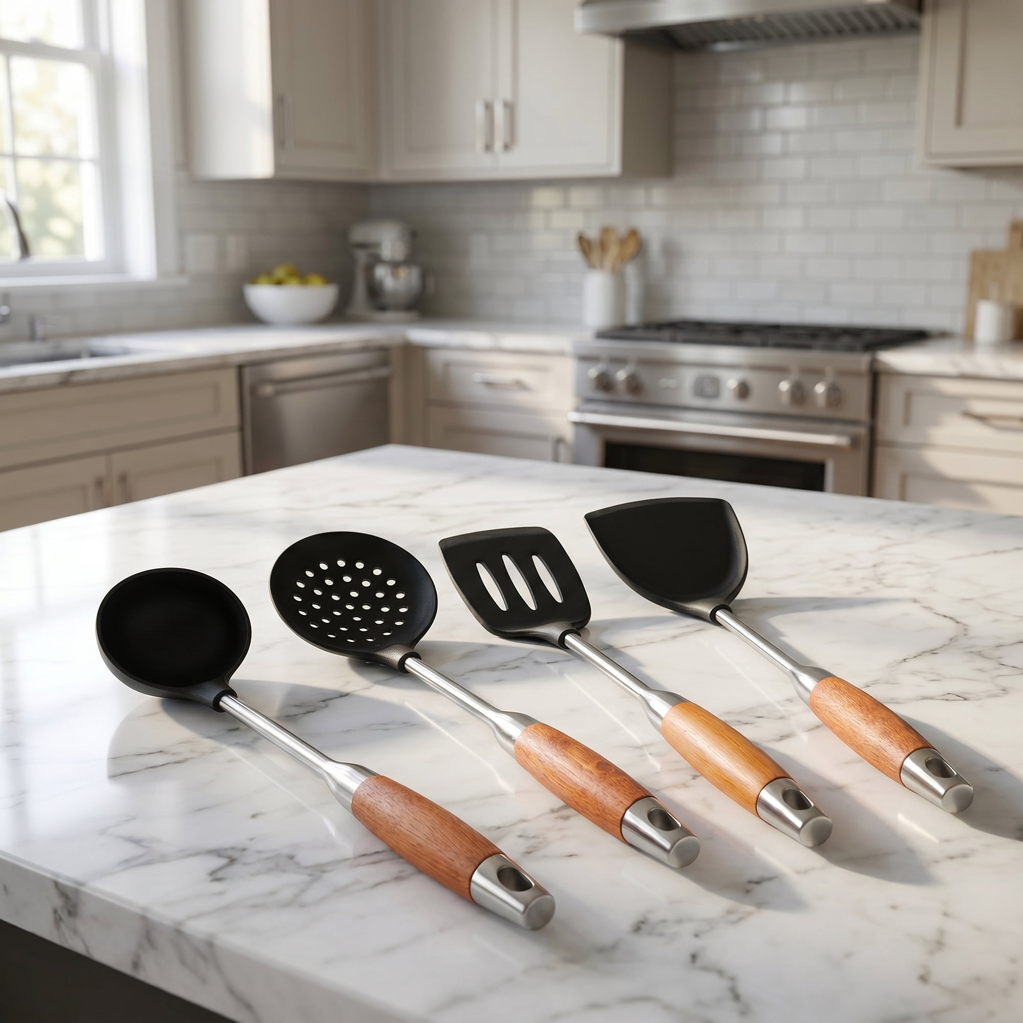 Unique Bargains Cooking Utensil Set, Stainless Steel Kitchen Utensils Black-Brown 4pcs