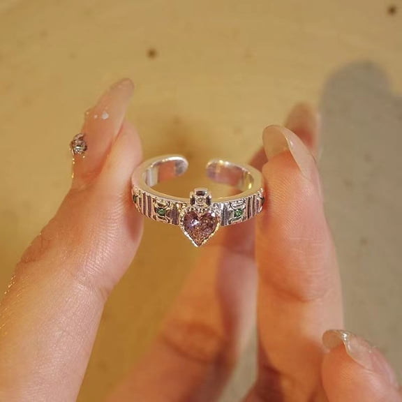 Charming Pink Diamond Heart - Shaped Zircon Ring with Adjustable Opening