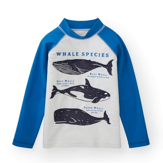 Hope & Henry Boys' White with Blue Sleeves and Whale Print Rash Guard Containing Recycled Fibers