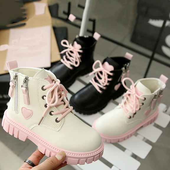 Miluxas Girls Ankle Boots Side Zipper Combat Soft Sole Shoes with Lace up for Toddler/Little Kid/Big Kid Black 2.5 M(37)