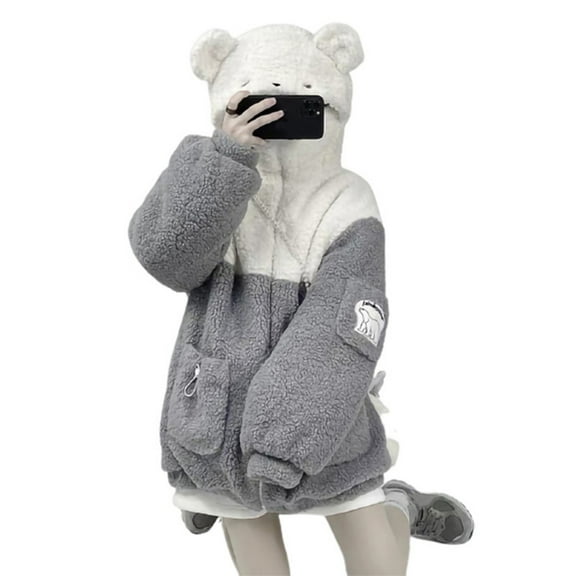 Aellinatey Women Faux Fur Hoodies for Jacket Harajuku Cute Bear Ears Zip Up Long Sleeve Sweatshirt Fluffy Colorblock Oversized Coat