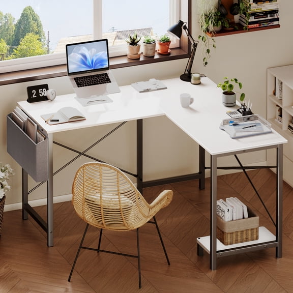 CONCETTA L Shaped Computer Desk with Wooden Desktop CPU Stand Side Bag Reversible, White