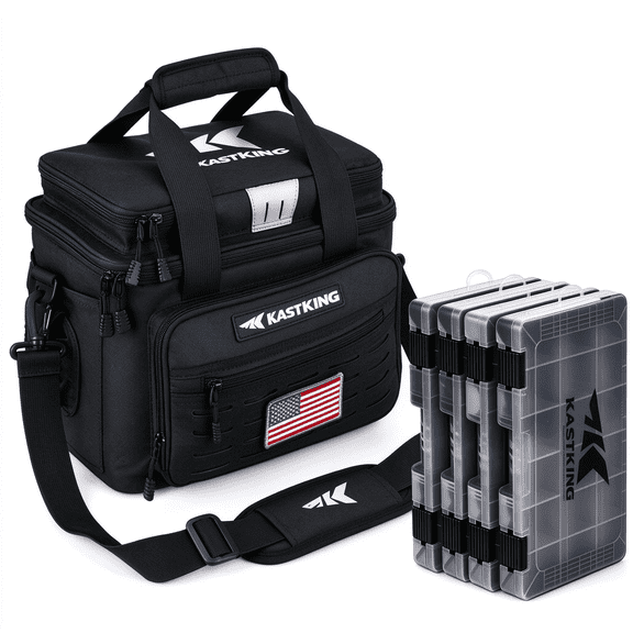 KastKing Fishing Tackle Bags With 4 Trays - Water Resistant Material - Fishing Gear Storage -karryall Medium Black