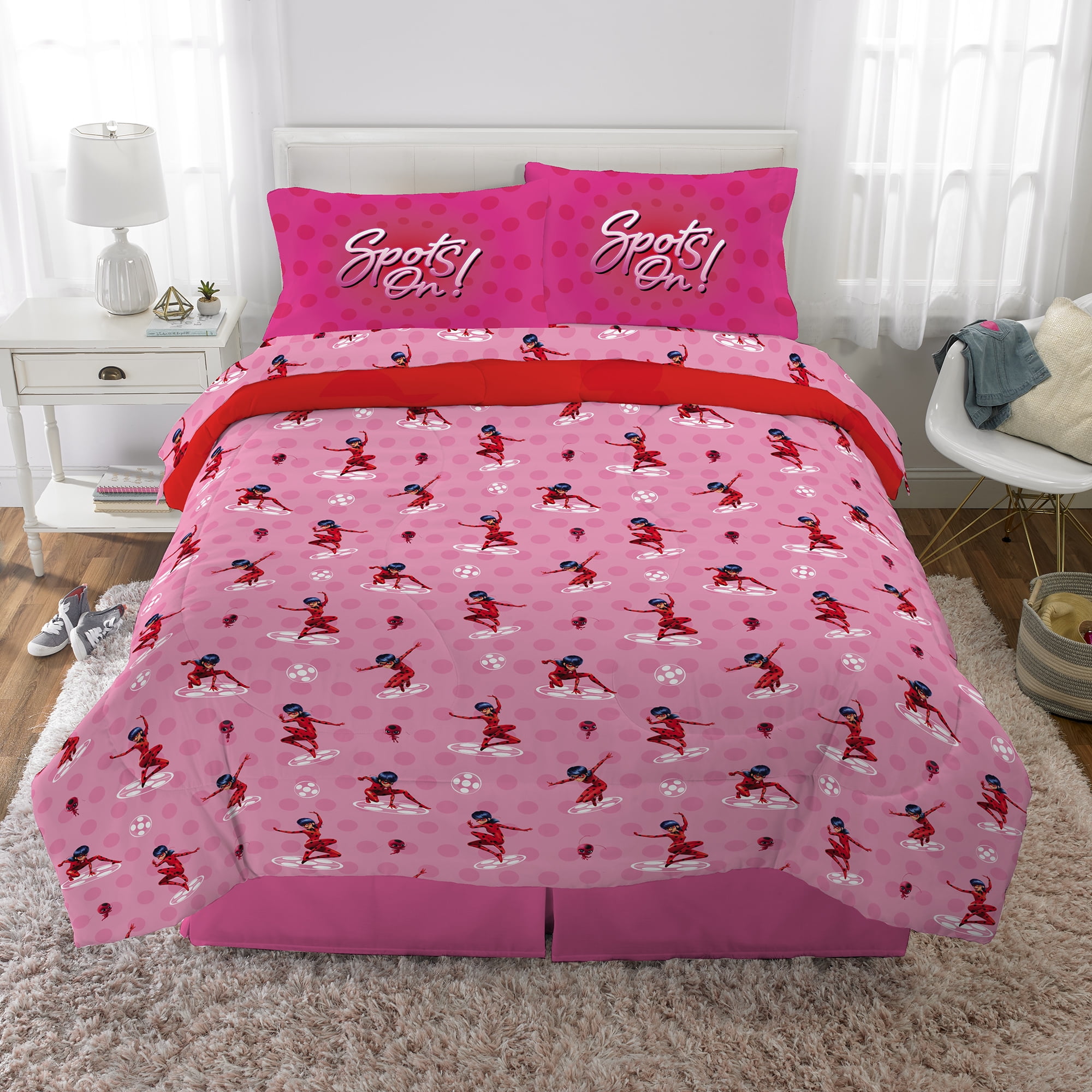 Miraculous Ladybug Kids 5 Piece Red Pink Reversible Comforter, Bed in a Bag, Full