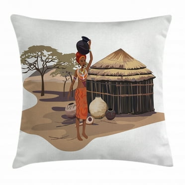 African Woman Throw Pillow Cushion Cover, Native Woman Carrying a Pot Hut Tree Natural Landscape Village Illustration, Decorative Square Accent Pillow Case, 18 X 18 Inches, Multicolor, by Ambesonne