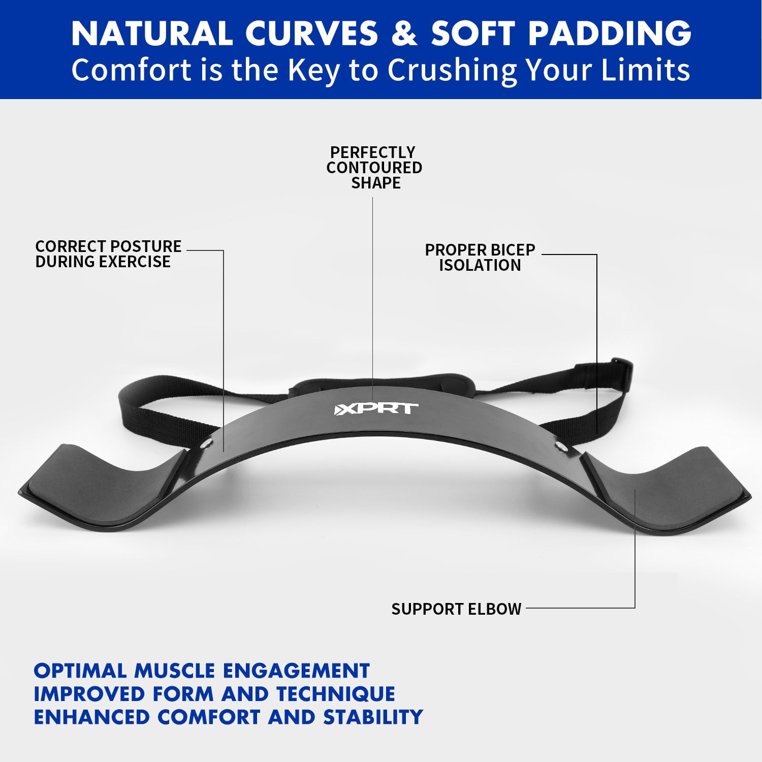 XPRT Fitness Arm Blaster for Bicep Curl Training, Aluminum Arm Support Bar with Neck Pad and Adjustable Strap, Black