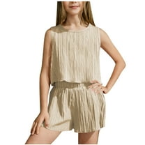 Comfy Summer Outfits for Girls Sleeveless Tank Tops Shorts Sets Crew Neck Teen Girl Loose Fitting Loungewear Beige, 12-13 Y