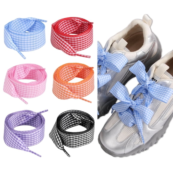 6 Pairs 1 Inch Wide Gingham Plaid Ribbon Shoelaces, Cute Satin Replacement Laces for Women