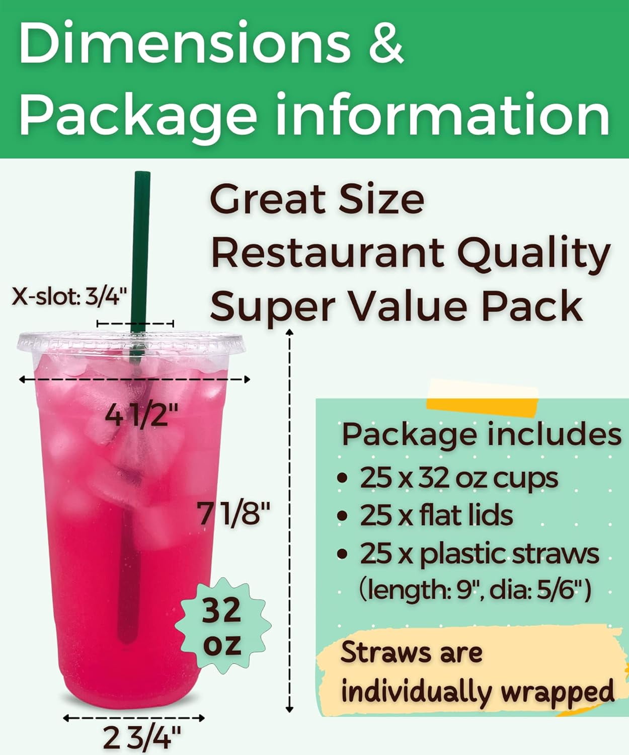 JJEAN-32 oz Clear Plastic Cups with Lids and STRAWS, Disposable Party Cups for To Go Iced Coffee Cold Drinks, Smoothie, Juice, Parfait, Frappuccino, Milkshake. No Leaking Fruit Cup, 25 Sets