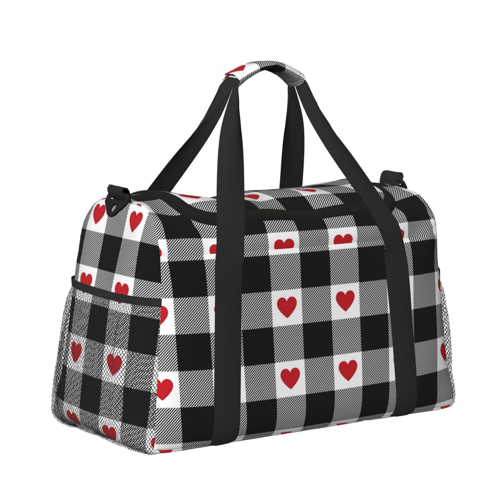 Fuzoiu Heart Black Buffalo Plaid Gingham Print Travel Duffle Bag,Carry On Tote Bags,Duffel Bag,Sport Gym Bag, Hospital Bag for Labor and Delivery, Overnight Bag,Luggage Bag
