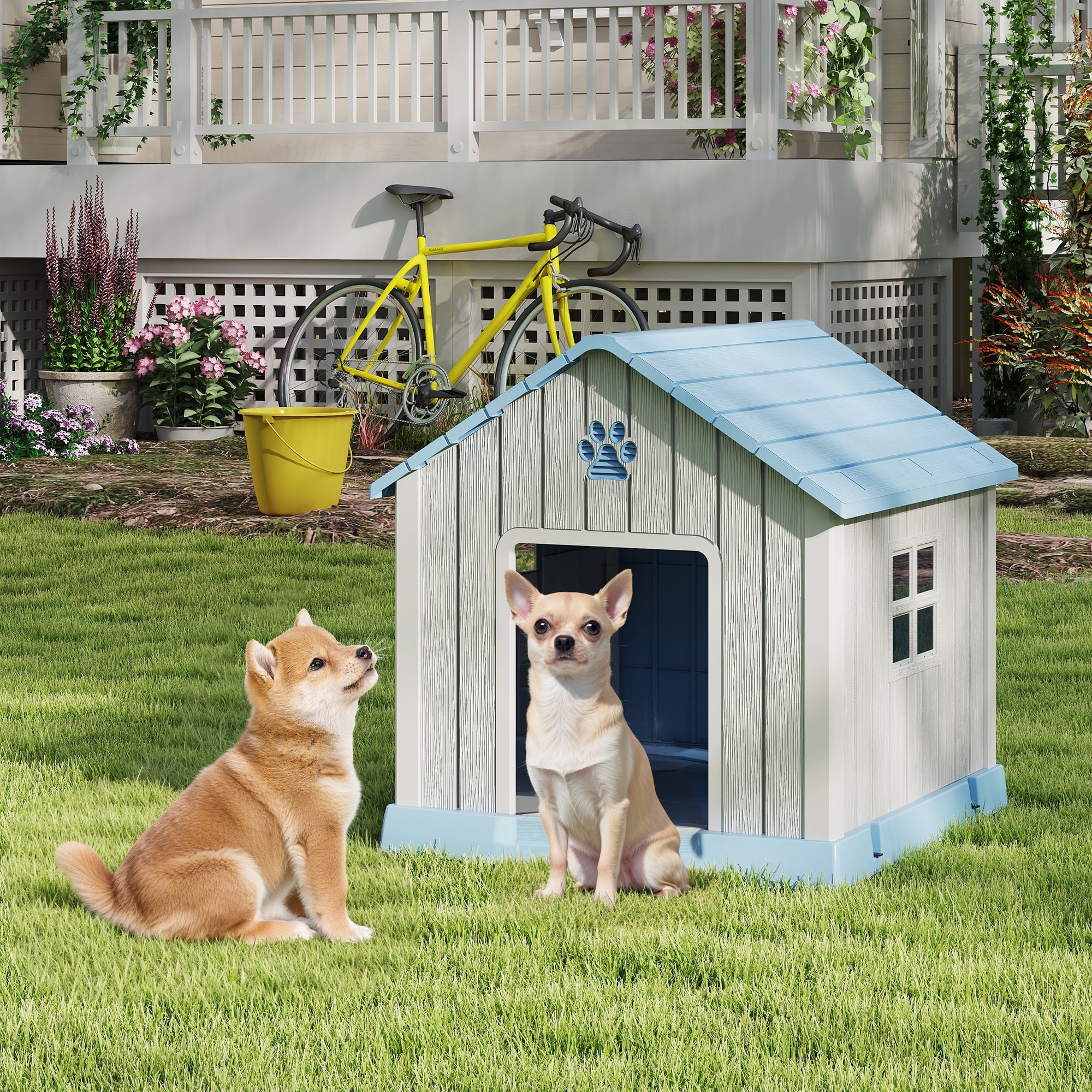 Nihsuao Dog House, Weatherproof Resin Dog House for Small Medium Dogs with Air Vents & Windows, Elevated Floor, Pet Shelter for Indoor & Outdoor, Blue ,31" L x 33.3" W x 33.5" H