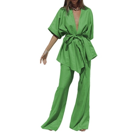 

Blotona 2 Piece Casual Lounge Wear Outfits for Women Long Sleeve Button Shirt Top High Waist Loose Pants Streetwear Pajamas