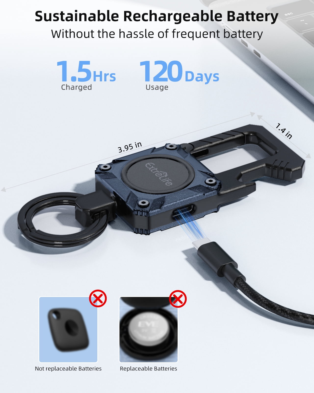 Extrelife Keychain Tracker, Men's Key Chain Words with Find My, Heavy Duty Keychain Carabiner Car Key Chains, Anti-Lost Tracker with Keyrings, Rechargeable & Waterproof