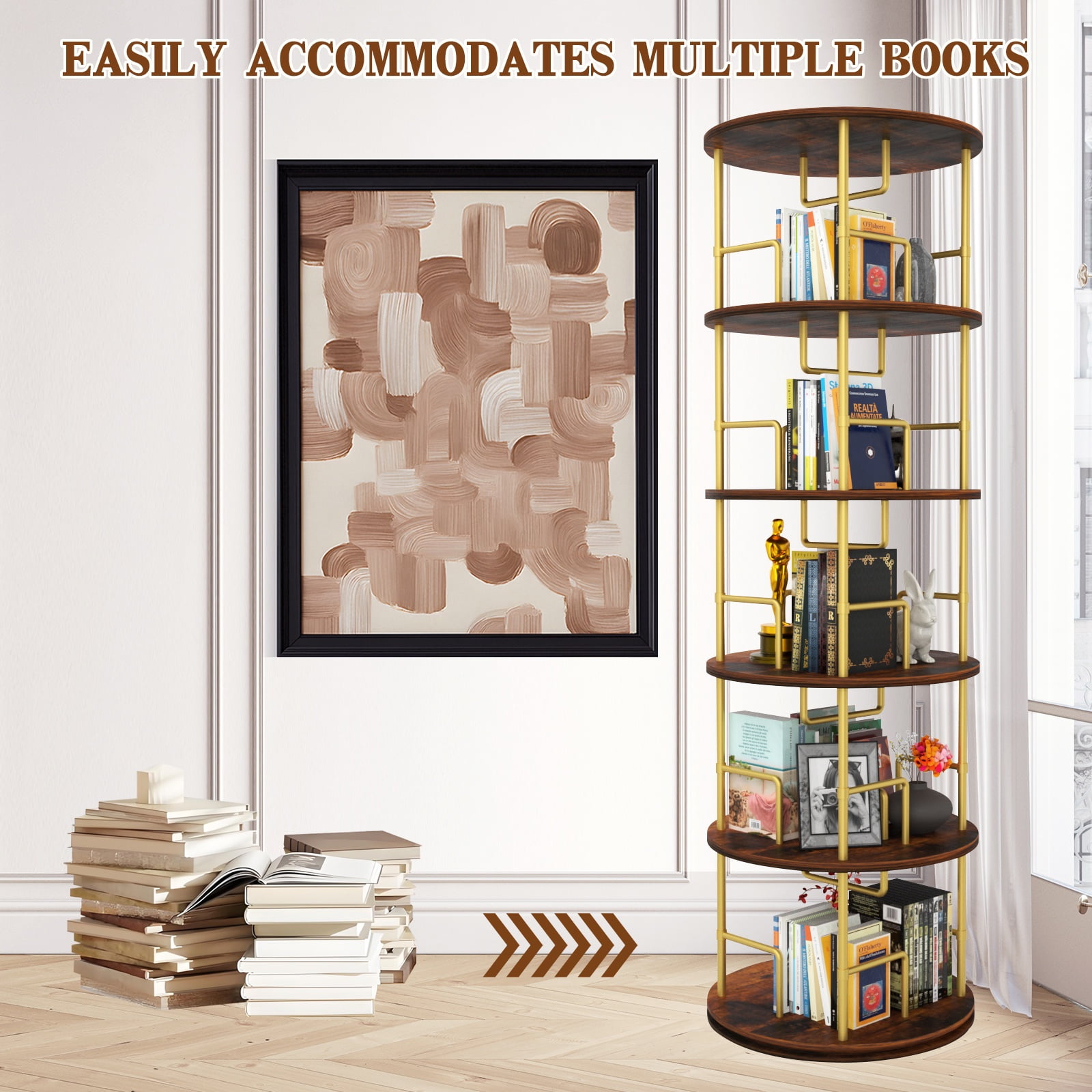 PORKISS 5 Tier Rotating Bookshelf, 360° Display Rotating Bookcase Corner Storage Rack with Partition Storage, Round Spinning Bookshelf for Office Living Room, Golden