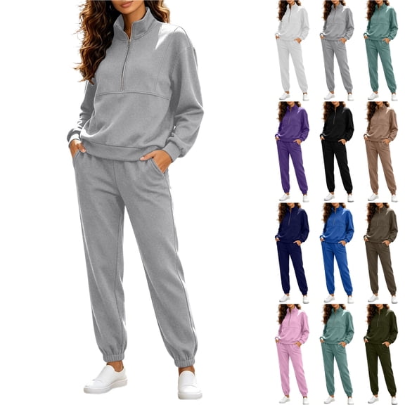 Bloomae Women's Sweatsuits 2 Piece Outfits Casual Airport and Travel Lounge Sets Trendy Fall Long Sleeve Half Zip up Stand Collar Pullover Sweatshirts and Elastic Waist Jogger Sweatpants Matching Set