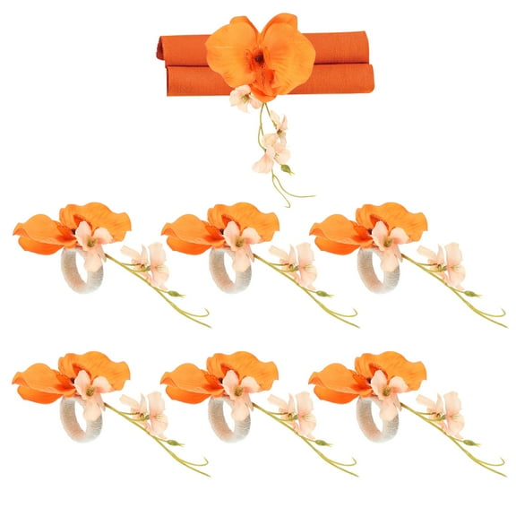 Handmade Orchid Flower Napkin Rings, Handcraft Floral Napkin Holder, Orange 6 Pack