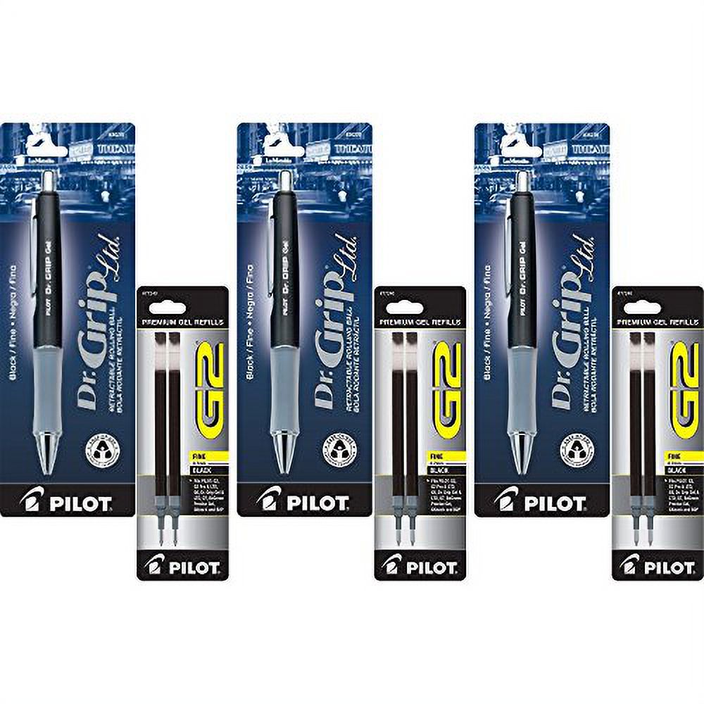Pilot Dr. Grip Limited Retractable Rolling Ball Gel Pen, Fine Point, Charcoal Gray Metallic Barrel, Black Ink 3 Pen (36270) with 6 Black Ink Refill
