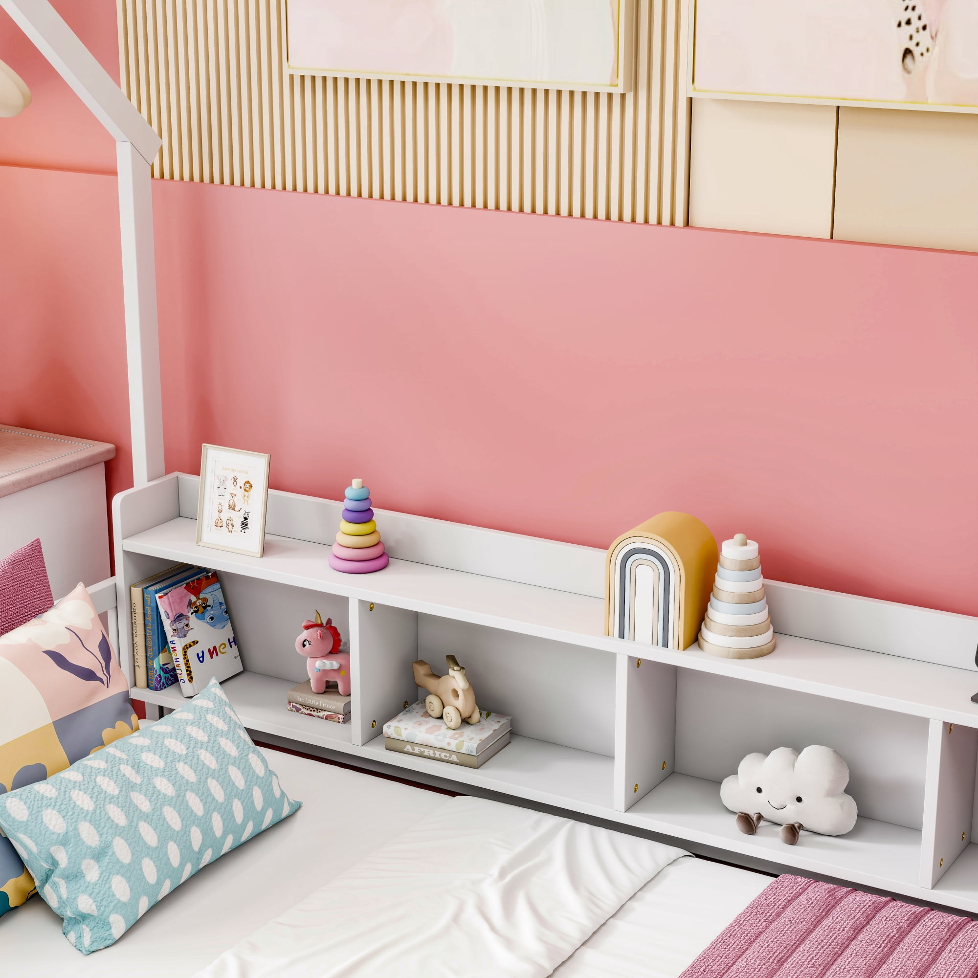 Leumius Twin Size House Floor Bed with Storage Shelves,Built-in LED Lights & Charging Station,Pine Wood Floor Bed Frame with Safety Guardrails for Kids Bedroom White
