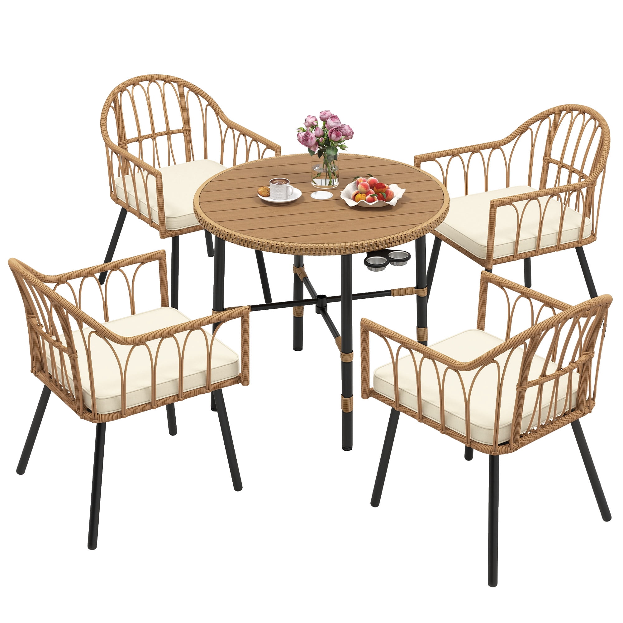 Uforic 5 Pieces Outdoor Patio Dining Table Set, 4 Rattan Wicker Dining Chair and ROUND Dining Table with Umbrella Hole for Garden, Lawn,Patios, Backyard