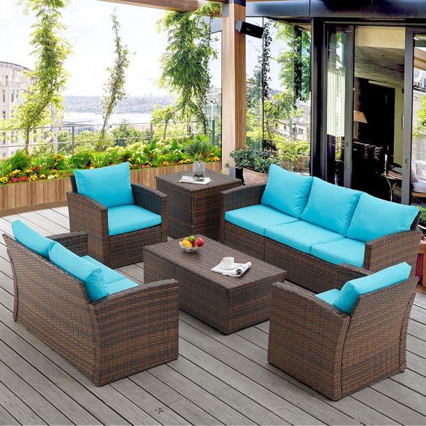 Aecojoy 6 Pieces Outdoor Furniture Set With Two Storage Boxes Patio Rattan Wicker Sectional Sofa Couch Conversation Blue Com Aecojoy 6 Pieces Outdoor Furniture Set, Comfy Outdoor Furniture Set