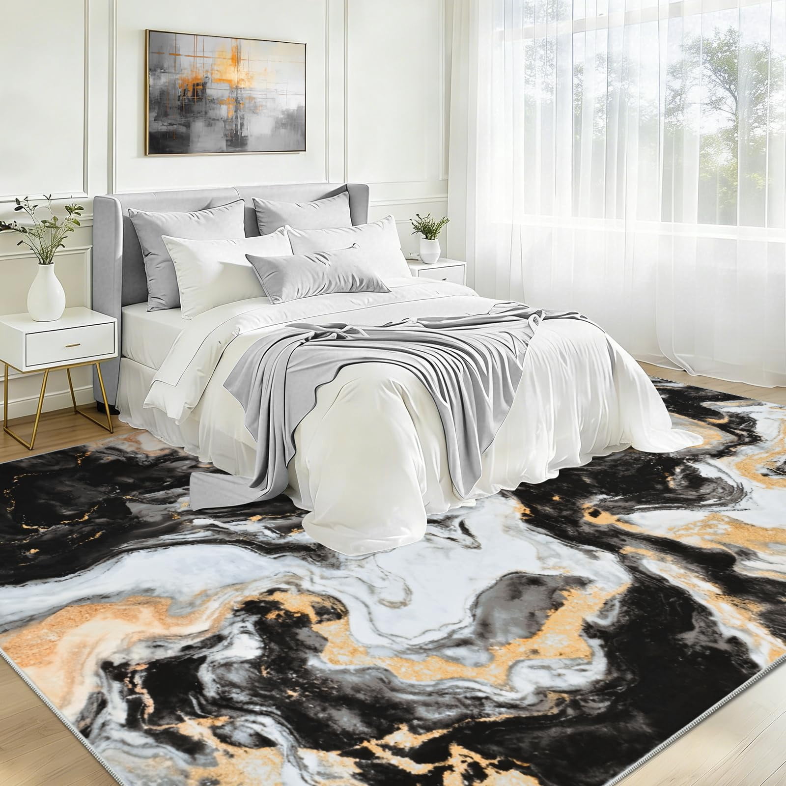 Bleum Cade 8'x10' Area Rugs for Living Room, Marble Black and Gold Abstract Rug,Modern Washable Rugs Low Pile Non Slip, Ultra Soft Faux Wool Non Slip Durable Large Carpet Home Decor