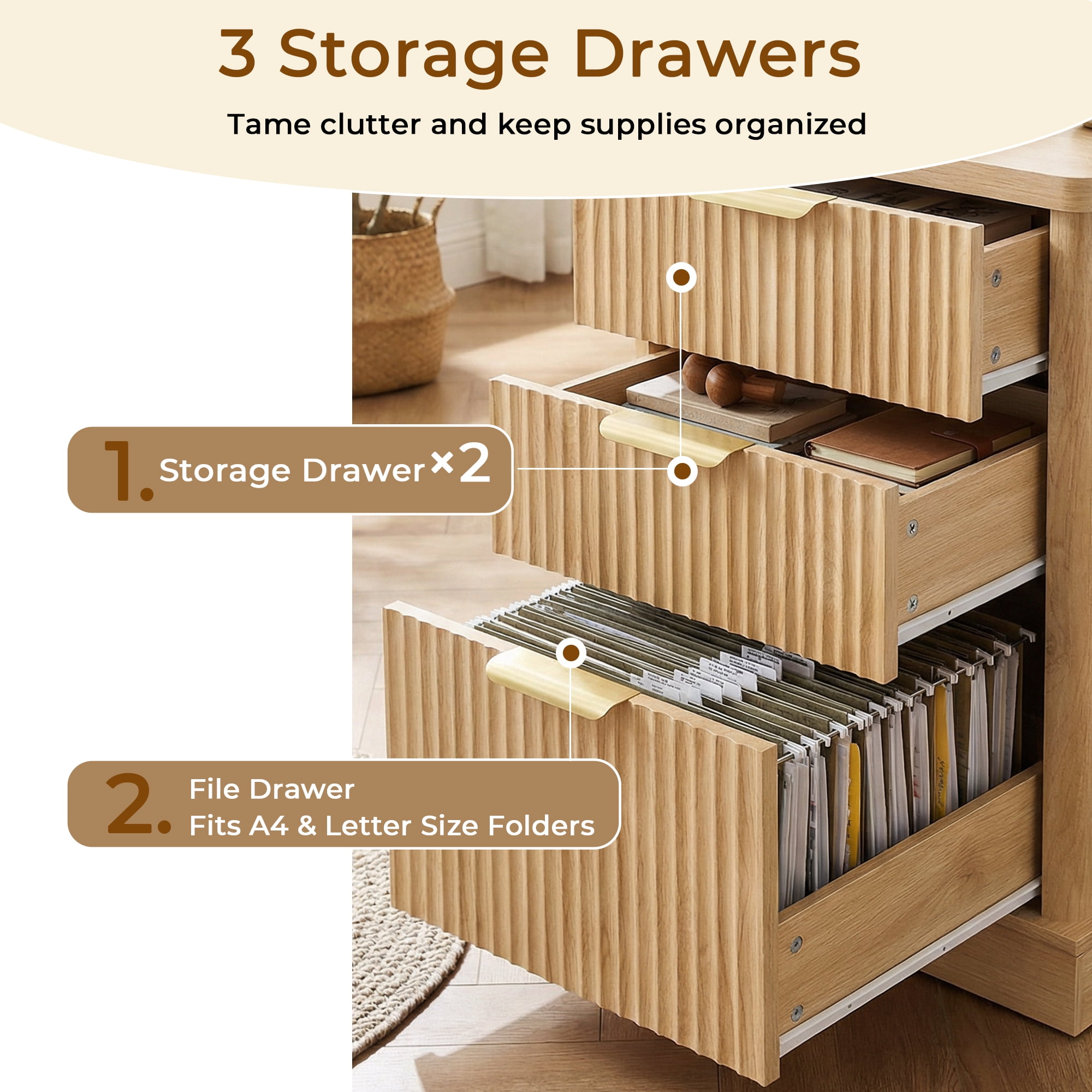Mintazer 59" Modern Fluted L-Shaped Desk with Charging Station & Storage Drawers, Computer Desk with Monitor Stand & File Drawer for Study Living Room Home Office, Natural