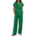 thumbnail image 3 of Linen Sets for Women 2 Piece Summer Casual Short Sleeve V Neck Button down Shirts Matching Loose Wide Leg Pants, M, 3 of 8