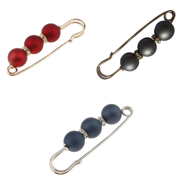 3 broches de perlas para cuello y abrigo, decorativos para manualidades, en colores gris, rojo y azul. gris rojo azul