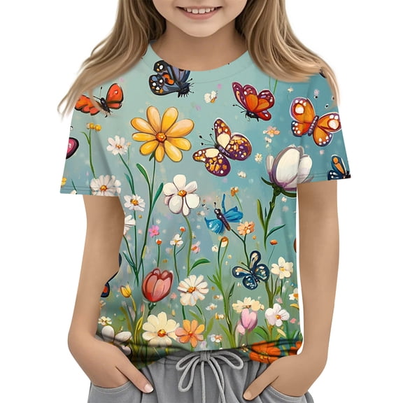 YOUYEDIAN Girl's Short Sleeve T Shirt Butterflies Graphic Crewneck Tshirts 3D Printed Cartoon Tee Shirt for Youth Girls Teen (Hot Pink, 8-9 Years)