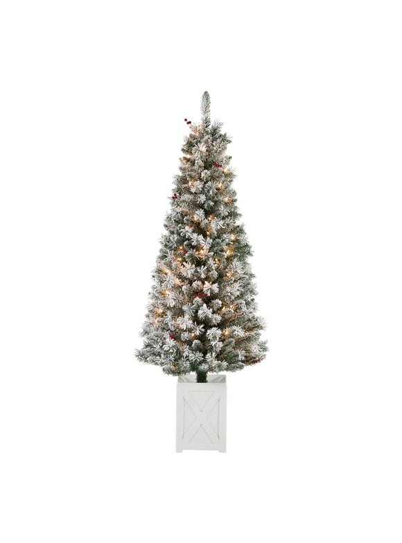 Holiday Time Set of Two 5-Foot Pre-Lit Flocked Artificial Christmas Tree