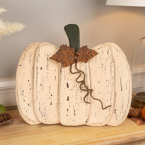 Rustic Wooden Fall Harvest Pumpkin with Leaves and Stem - 15"