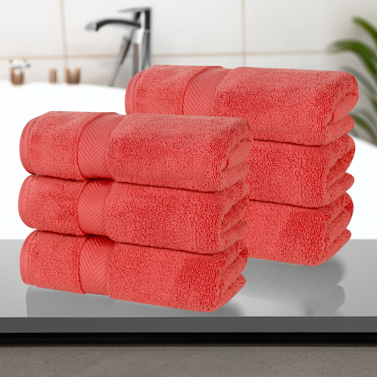 Superior Zero Twist Cotton 6-Piece Hand Towel Set, Super Soft Towels, Coral