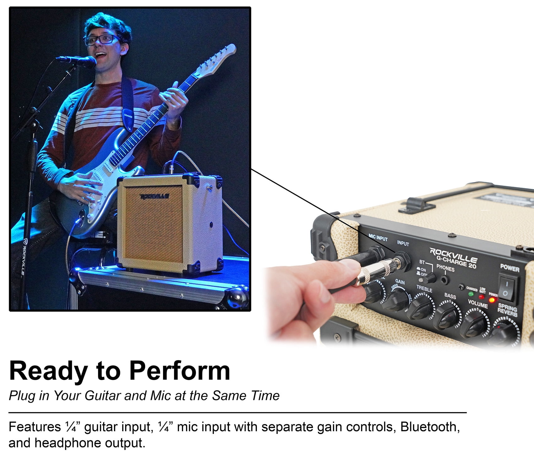 Rockville G-CHARGE 20 BEIGE Rechargeable Guitar Amplifier Spring Reverb+Mic Input