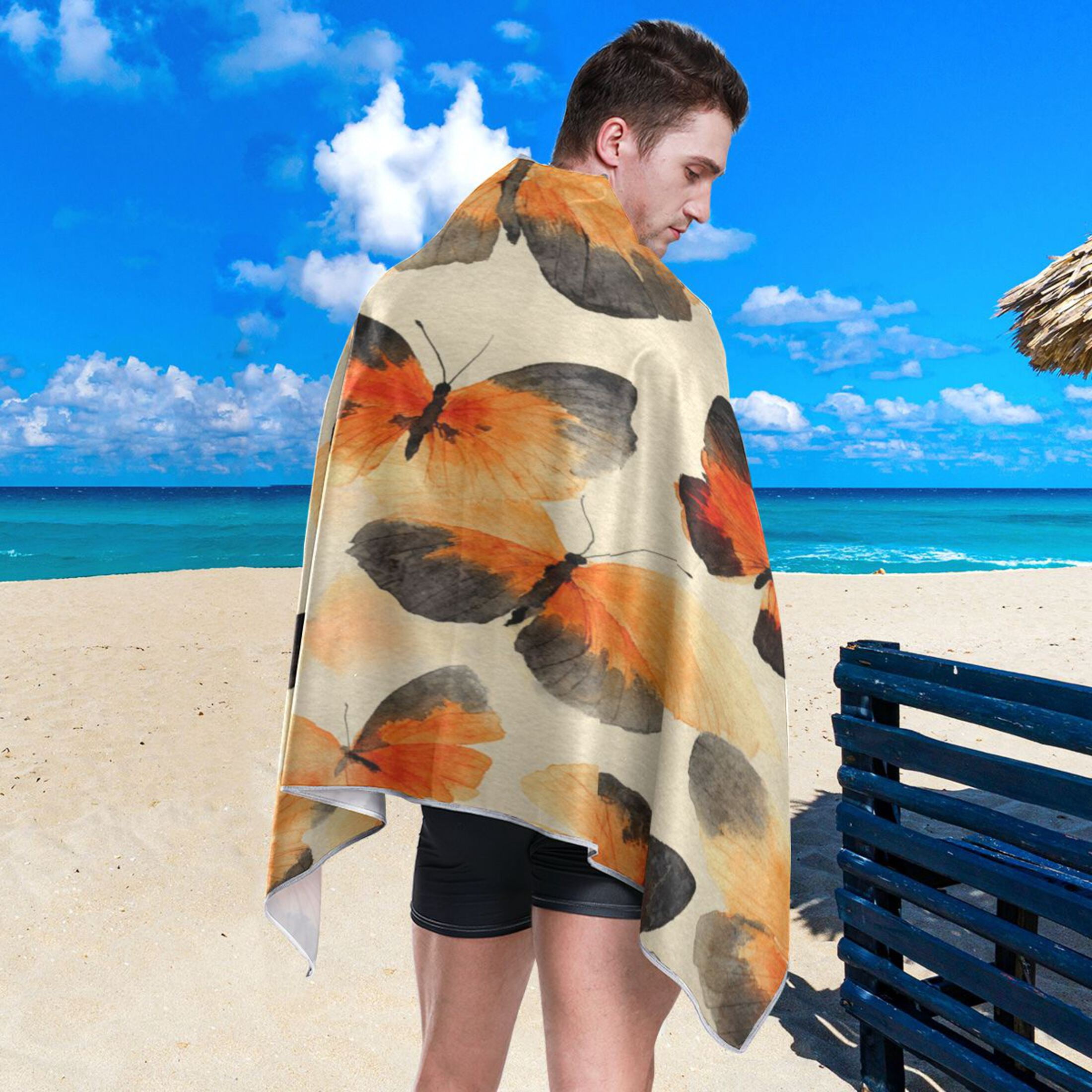 Qxltty Orange Black Butterfly Beach Towel Sand Free Bath Towel Absorbent Quick Dry Soft Lightweight Blanket for Travel Gym Camping 71x31in